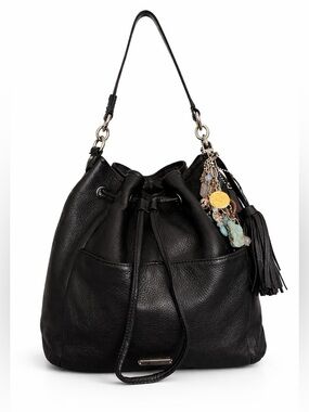 Coach Avery Drawstring Bucket Bag Black Pebbled Leather Tassel F27003